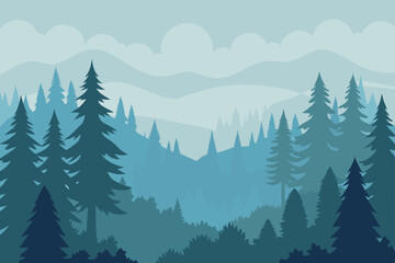 Fototapeta premium Beautiful winter forest landscape with snow-covered pine trees and majestic mountains under a blue sky, perfect for a Christmas holiday scene