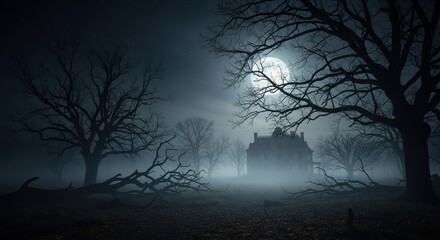 Dark spooky haunted mansion with bare trees and a full moon on a foggy Halloween night. Scary horror house exterior for mystery and thriller themes.