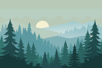 Winter mountain forest landscape with snow-covered pine trees