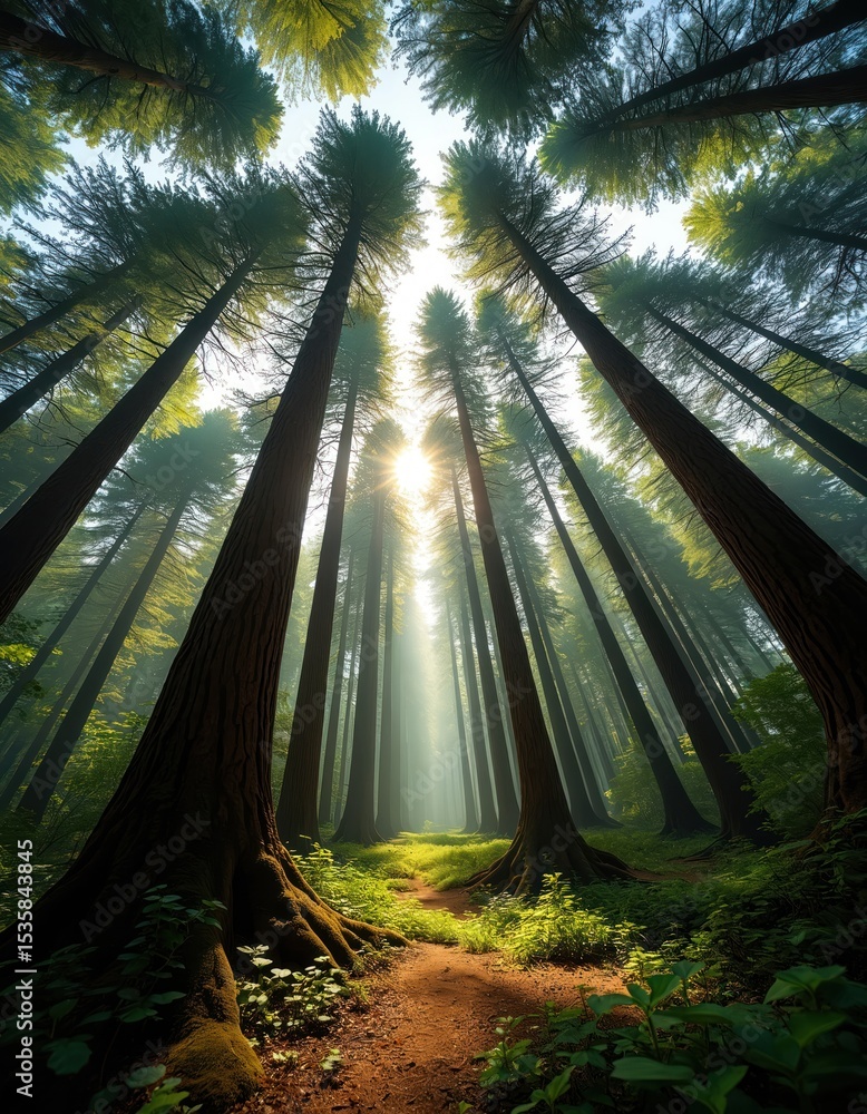 Poster low angle shot of tall green trees in forest. sunlight streams through canopy. scenic view of trees 