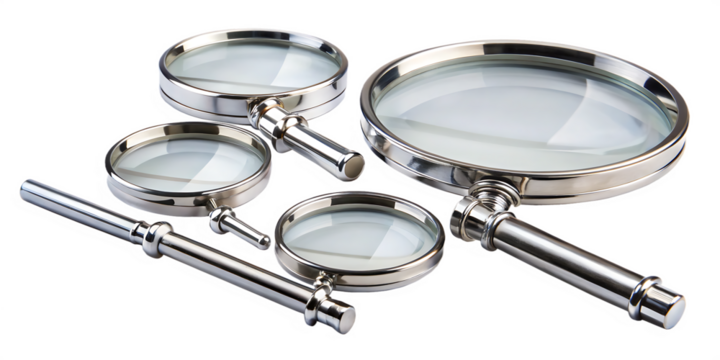  a set of chrome magnifying glasses or loupes long isolated on white background  PNG,AI GENERATED
