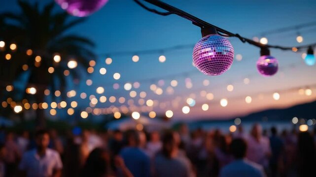 Party lights glowing at dusk with friends dancing together