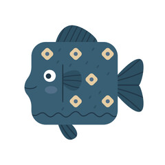 Funny cartoon square fish with geometric body shape and decorative scales. Cute ocean animal in flat style, perfect for children’s illustrations, educational materials, underwater themes,  