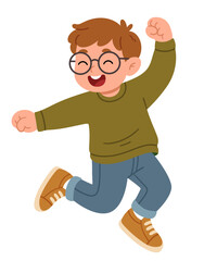 Happy cartoon boy jumping with excitement, wearing glasses, green sweater, jeans, and sneakers.  