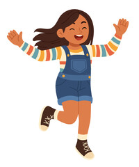 Happy cartoon girl jumping with joy, wearing colorful striped long-sleeve shirt, denim overalls, 