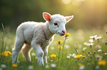 Fototapeta premium Cute lamb sniffs yellow flower in green meadow, springtime. Baby sheep explores nature. White woolly mammal in sunny rural scene with daisies. Farm animal enjoying freedom, springtime vibes.