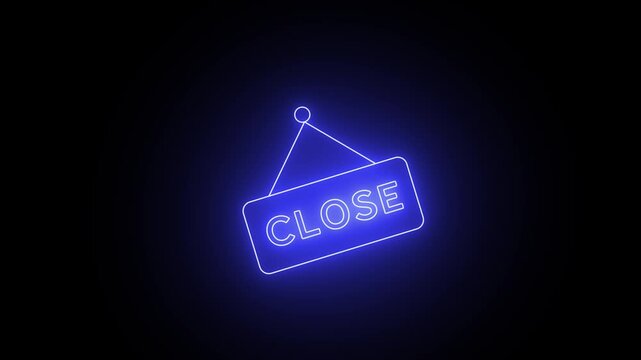 Neon blue glowing shop closed nameplate sign animated. Neon text board sign with closed business. Shop closed text sign animation on black background