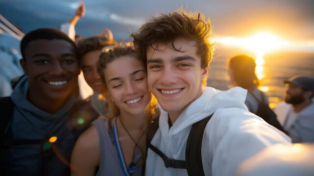 Team enjoying the open sea with sunflares and bright smiles