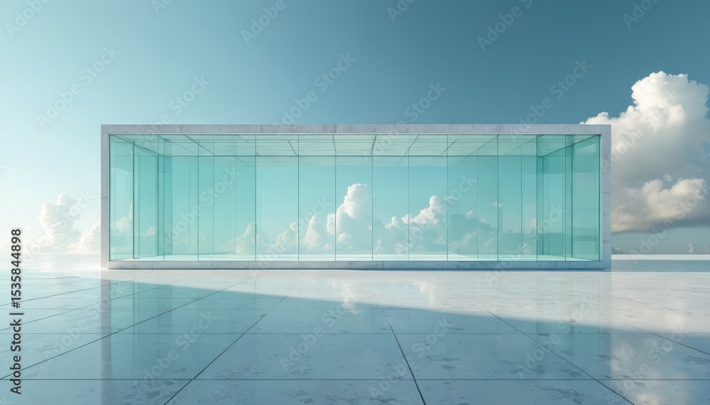 Poster futuristic glass architecture. empty concrete floor reflects sky with fluffy clouds. minimalist mode