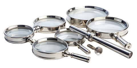 Fototapeta premium a set of chrome magnifying glasses or loupes long isolated on white background PNG,AI GENERATED