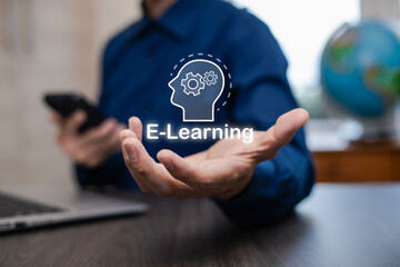 Concept E-learning education, Businessman hand touch Online Education icon on virtual screen. internet lessons and online webinar, online lessons on a digital screen.Education internet Technology.