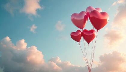 Fototapeta premium Heart-shaped balloons float against serene sky. Symbol of love romance, celebration. Soft clouds background, pastel color palette. Wedding anniversary, Valentine Day, romantic event background.