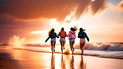 Fototapeta premium Four friends joyfully running along a reflective beach at sunset, bathed in warm light