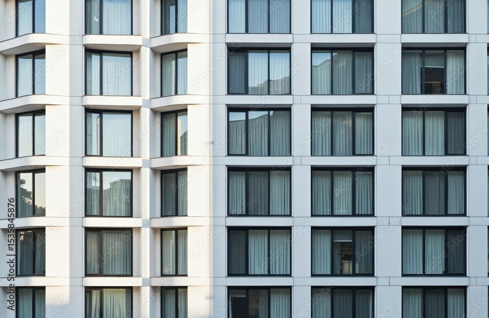 Aufkleber Modern architecture. Facade of a high-rise building with repeating windows. Corporate office building with glass windows. Contemporary design. Clean lines, geometric pattern in urban setting.