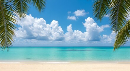 Scenic Beach View Framed with Palm Leaves