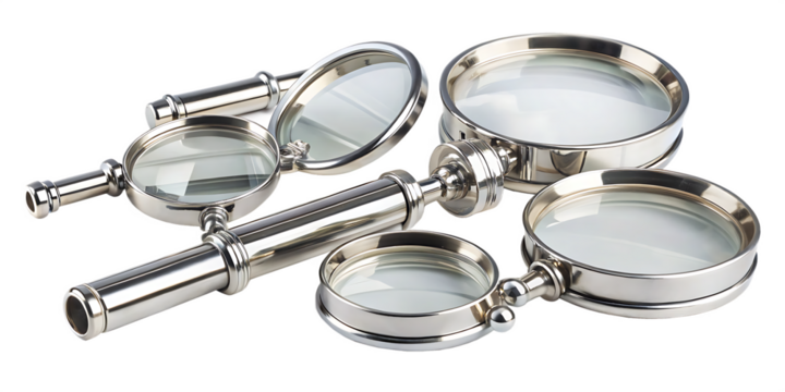  a set of chrome magnifying glasses or loupes long isolated on white background  PNG,AI GENERATED