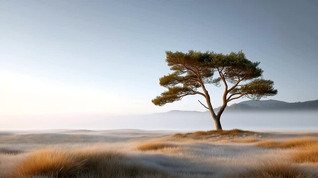 A single pine tree in a foggy field at sunrise
