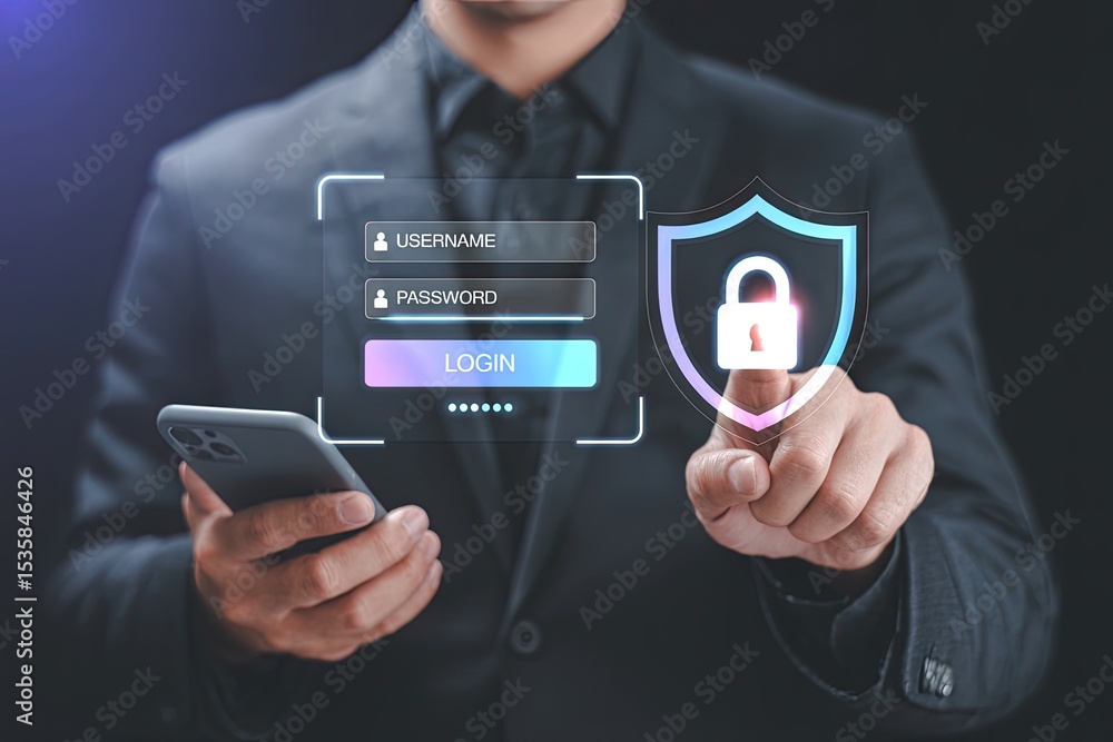 Poster businessman using smartphone for secure online login with password and username protection