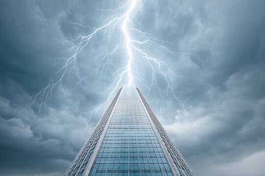 Lightning Bolt Striking Glass Tower in Stormy Sky