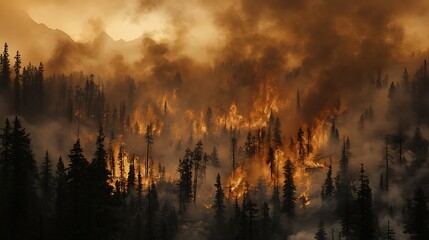 Thick smoke from raging wildfires blankets a forest, endangering animals and people with each suffocating inhale.









