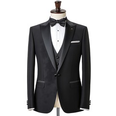 Elegant black tuxedo suit with peak lapels and matching bow tie