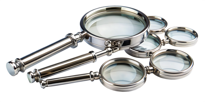  a set of chrome magnifying glasses or loupes long isolated on white background  PNG,AI GENERATED