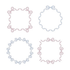 Set of pastel ribbon frames with bows. Square and round shapes in soft pink and blue. Perfect for wedding cards, baby shower, invitations, and feminine designs.