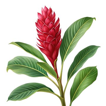 Vibrant red ginger flower with lush green leaves botanical illustration