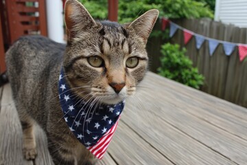 Confident cat wearing stars and stripes bandana on wooden deck