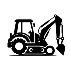 Naklejka premium Excavator Silhouette Icon – Black Vector Construction Vehicle with Articulated Arm and Bucket on White Background
