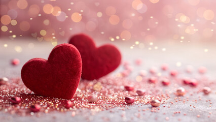 Obraz premium Two red hearts surrounded by glitter and beads create a romantic valentines scene