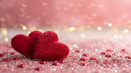 Obraz premium Two red velvet hearts sit among glitter and heart shaped bokeh lights