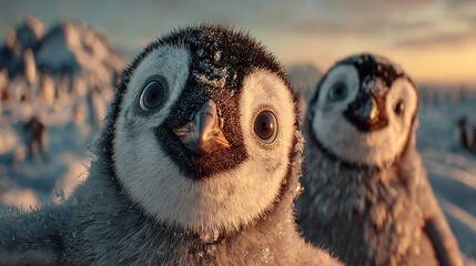 Obraz premium Two playful penguin chicks smiling in snowy landscape during sunset 