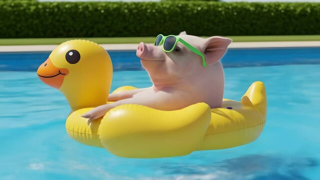 Pig chilling on duck floatie in pool, wearing sunglasses. Summer fun, vacation vibes, animal antics. Ideal for advertisements, social media campaigns, and humorous content.