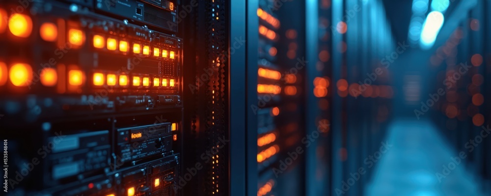 Aufkleber Server rack with glowing lights. Modern data center with information technology and computing systems. Digital network hardware. Data storage, cloud computing, cyber security, communication.