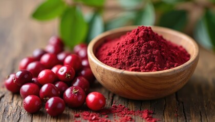 Fresh cranberries, cranberry powder in wooden bowl. Healthy food ingredient for diet, vitamin boost. Natural red berries, organic supplement. Cooking, baking, juice, smoothie. Antioxidant rich