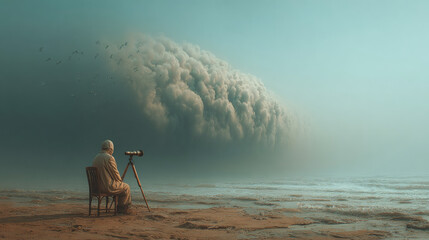 Elderly man sitting on beach observing storm clouds with telescope  