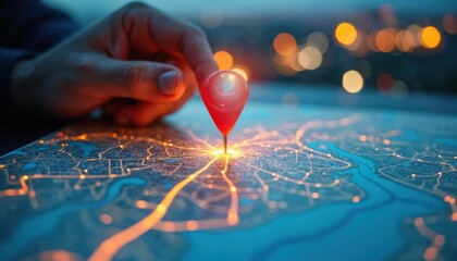 Hand with pin on map, concept local SEO optimization marketing strategy. Geo location service, targeting business strategy via My Business Maps. Online promotion, advertising, web search results.