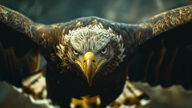 Golden Eagle in Flight: Majestic golden eagle soars toward the camera, showcasing the power and grace of the bird of prey, capturing focus with intense eyes.