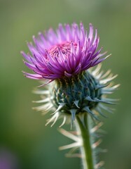 Obraz premium Close-up photo of vibrant purple thistle flower. Spiky thorny plant, detailed macro shot showing intricate floral structure, natural beauty on green blurred background. Medicinal plant used in