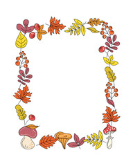 Rectangular vertical background. Autumn set of leaves, mushrooms, berries. Flytree, branches, doodle, drawings. Natural botanical background. Plant frame, border, hand drawn invitation, postcard.