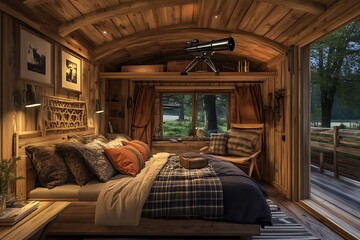 Cozy Wooden Cabin Interior with Telescope and Forest View