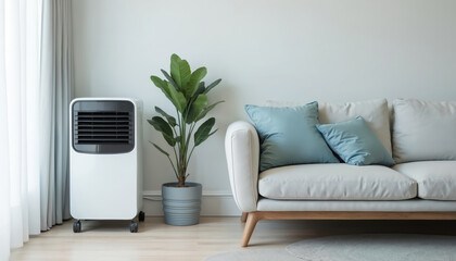 Modern portable air conditioner unit in contemporary living room. White sofa with pillows, green plant, wooden floor. Air cooler, home appliance for comfort.