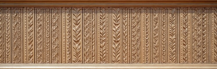 Wooden carved decorative facade or fence. Natural wood planks, vertical stripes pattern with leaves and floral ornaments. Elegant wooden panel. Classic vintage style decor for interiors, exteriors.