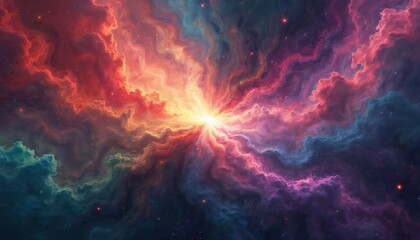 AI generated illustration. Explosion of vibrant colors. Abstract galaxy background. Red orange pink blue hues with bright center light. Space with stars, nebula clouds. Magical, dreamy art.