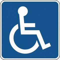Blue square icon shows handicapped person in wheelchair. Traffic sign indicates accessible parking spaces, building entrances, facilities. Signage promotes accessibility for disabled individuals.