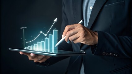 business man analyzing digital financial charts and growth trends on a tablet, highlighting the role of technology and data analysis in modern market research and business planning strategies.