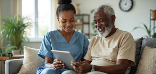 Young African nurse helps senior man use tablet. Woman shows elderly patient online healthcare, telehealth at home. Modern tech for chronic illness, patient care, online medicine.