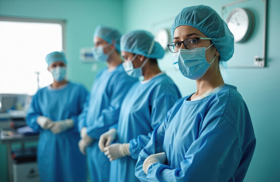Medical team prepares operating room surgery. Doctors, nurses in surgical scrubs, masks, gloves, caps ready for surgical procedure. Healthcare professionals, teamwork, patient care in hospital.