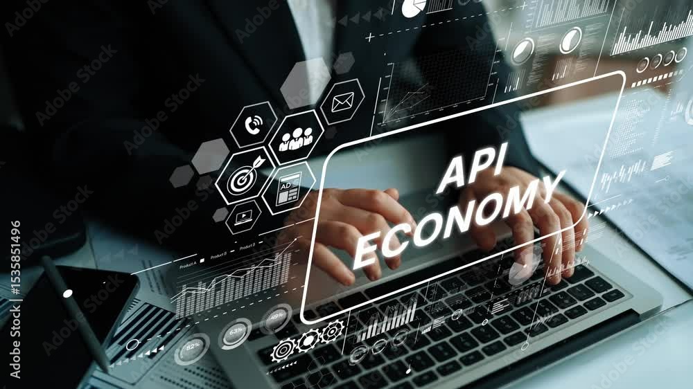 Poster hands typing on laptop with digital graphics representing api economy and data integration concepts.